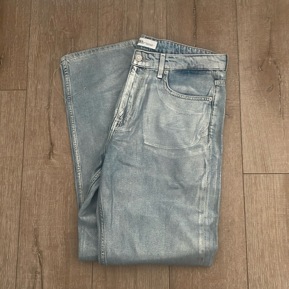 Zara Mid Rise Straight Cut Metallic Jeans